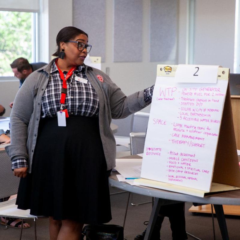 Woman presenting ideas on a white poster
