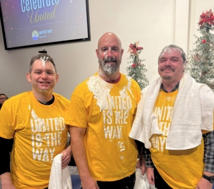 Three messy men after getting pied in the face