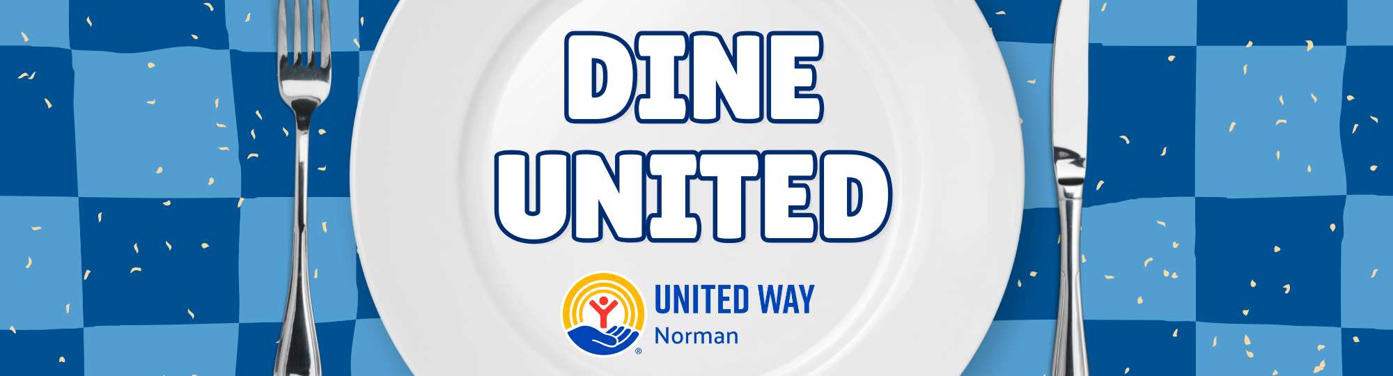 tablecloth with a plate on it with the words Dine United on top